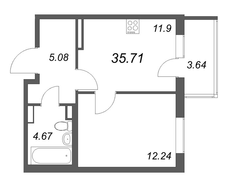 1-комнатная квартира, 35.71 м² в ЖК "Новая история" - планировка, фото №1