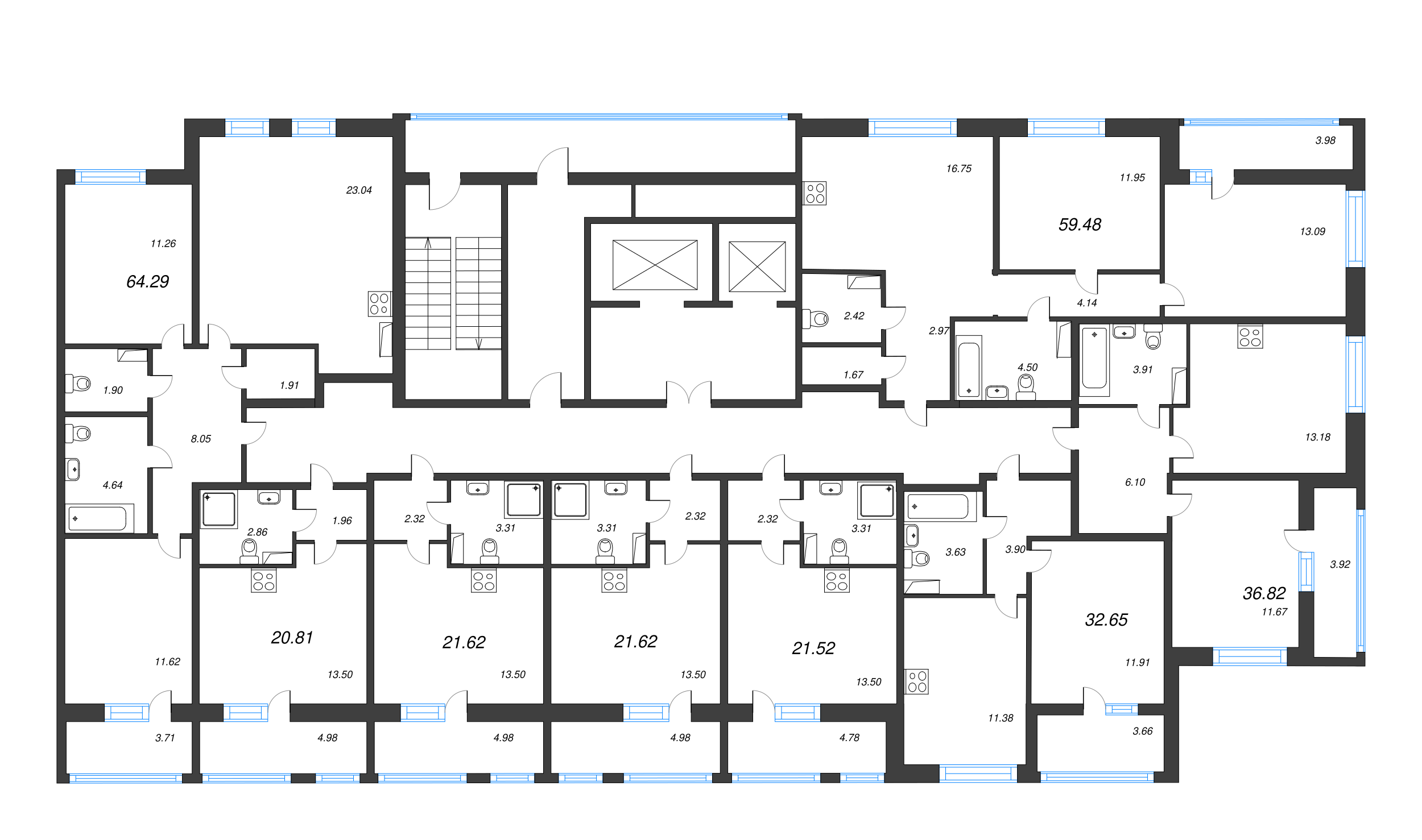 2-комнатная (Евро) квартира, 36.82 м² - планировка этажа