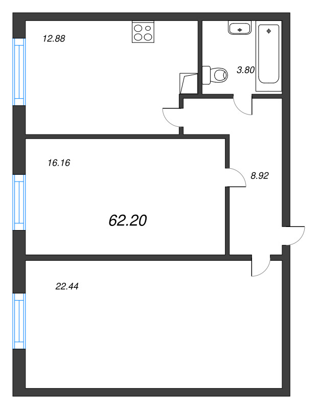 2-комнатная квартира, 62.2 м² - планировка, фото №1