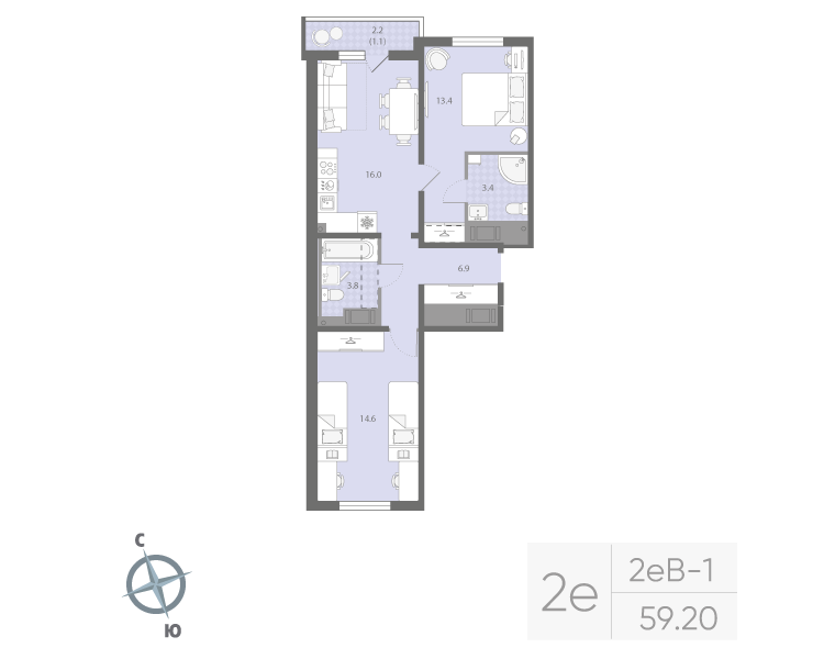 3-комнатная (Евро) квартира, 59.2 м² - планировка, фото №1