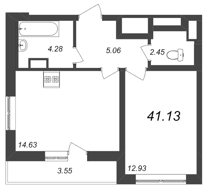 2-комнатная (Евро) квартира, 41.13 м² - планировка, фото №1