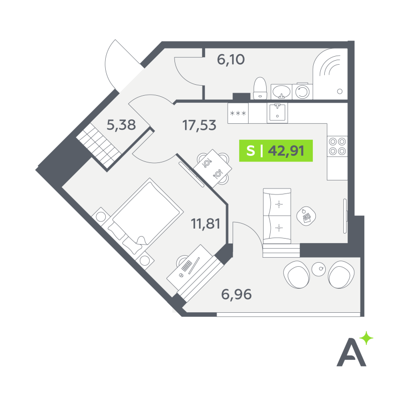 2-комнатная (Евро) квартира, 42.91 м² в ЖК "Аквилон РекаПарк" - планировка, фото №1
