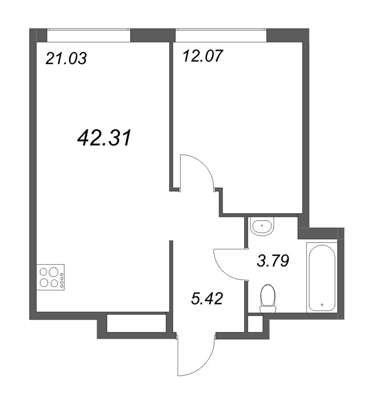 2-комнатная (Евро) квартира, 42.31 м² - планировка, фото №1