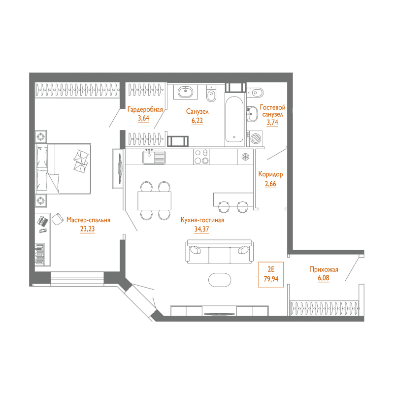 2-комнатная (Евро) квартира, 80.3 м² в ЖК "Monodom Line" - планировка, фото №1