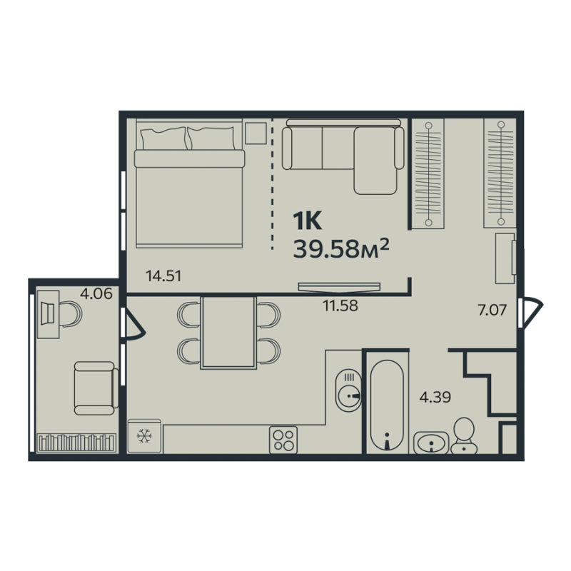 1-комнатная квартира, 39.58 м² - планировка, фото №1