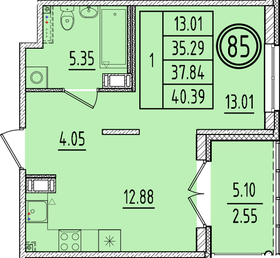 1-комнатная квартира, 35.29 м² в ЖК "Образцовый квартал 6.4" - планировка, фото №1