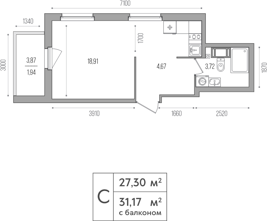 Квартира-студия, 27.3 м² в ЖК "Simple" - планировка, фото №1