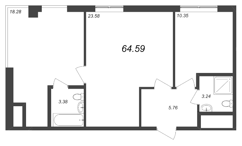 3-комнатная (Евро) квартира, 64.59 м² - планировка, фото №1