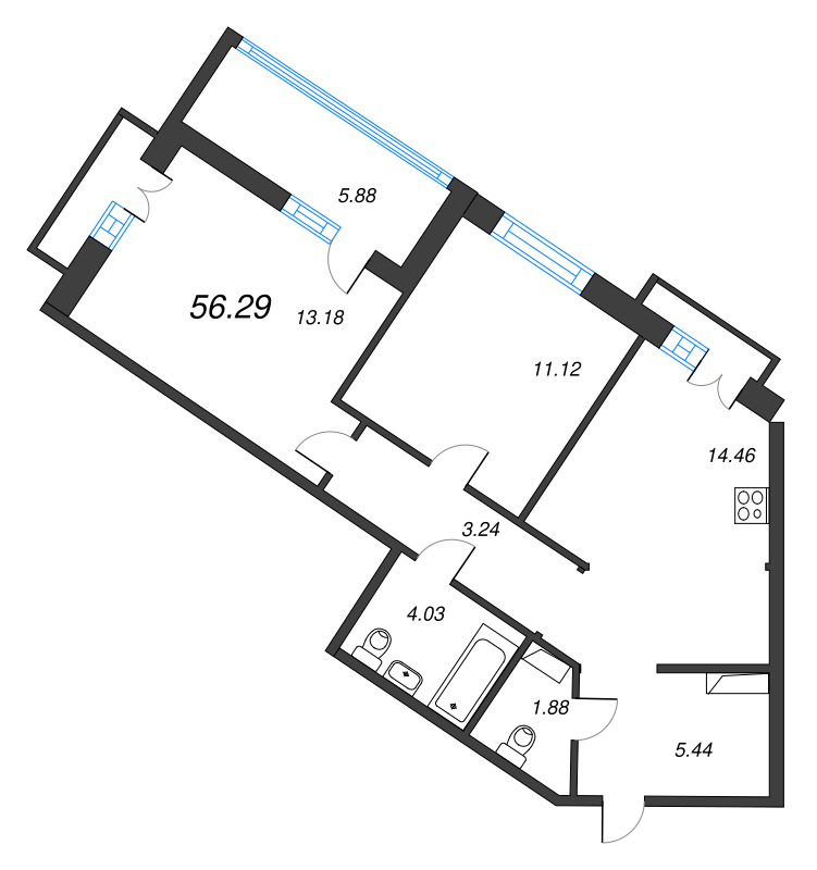 2-комнатная квартира, 56.29 м² в ЖК "Jaanila Драйв" - планировка, фото №1