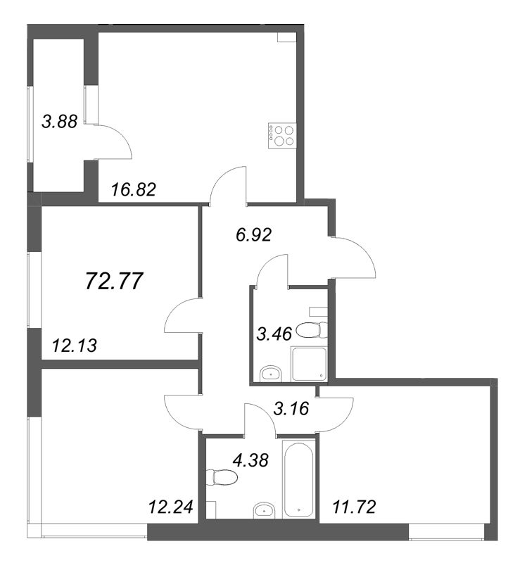 4-комнатная (Евро) квартира, 72.77 м² в ЖК "Гранат" - планировка, фото №1