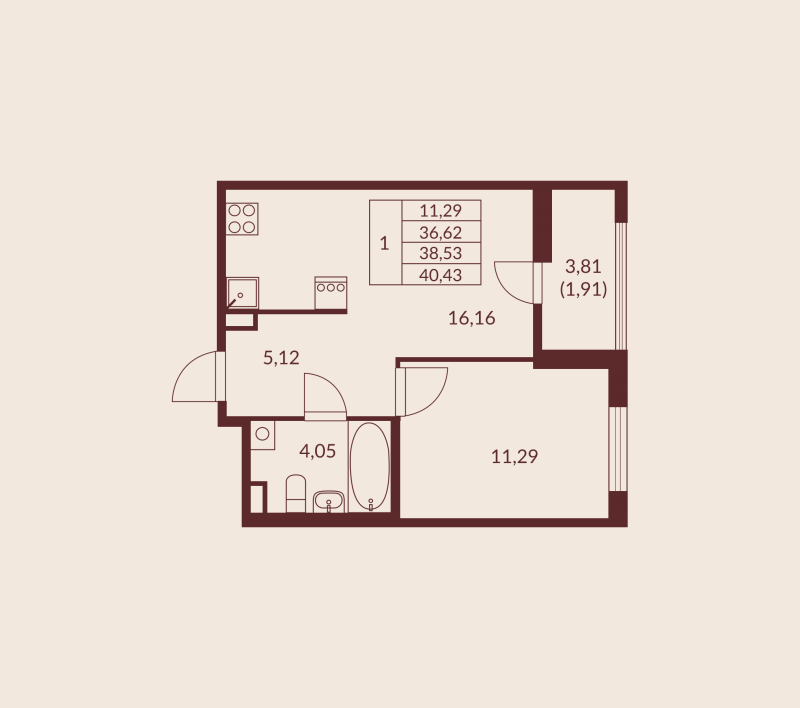 2-комнатная (Евро) квартира, 38.53 м² в ЖК "Амурино" - планировка, фото №1