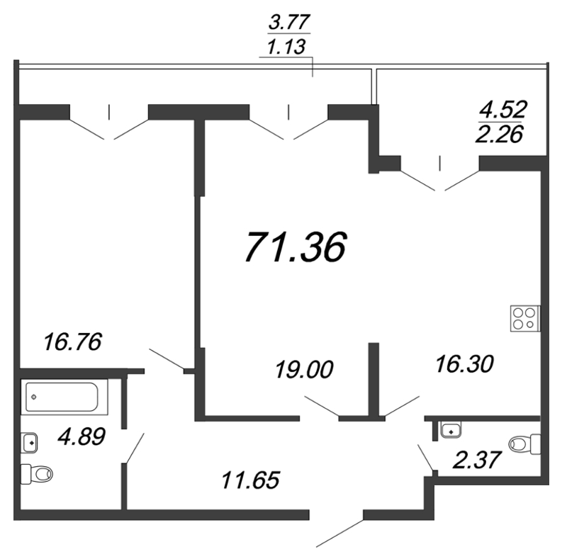 2-комнатная квартира, 74.2 м² - планировка, фото №1