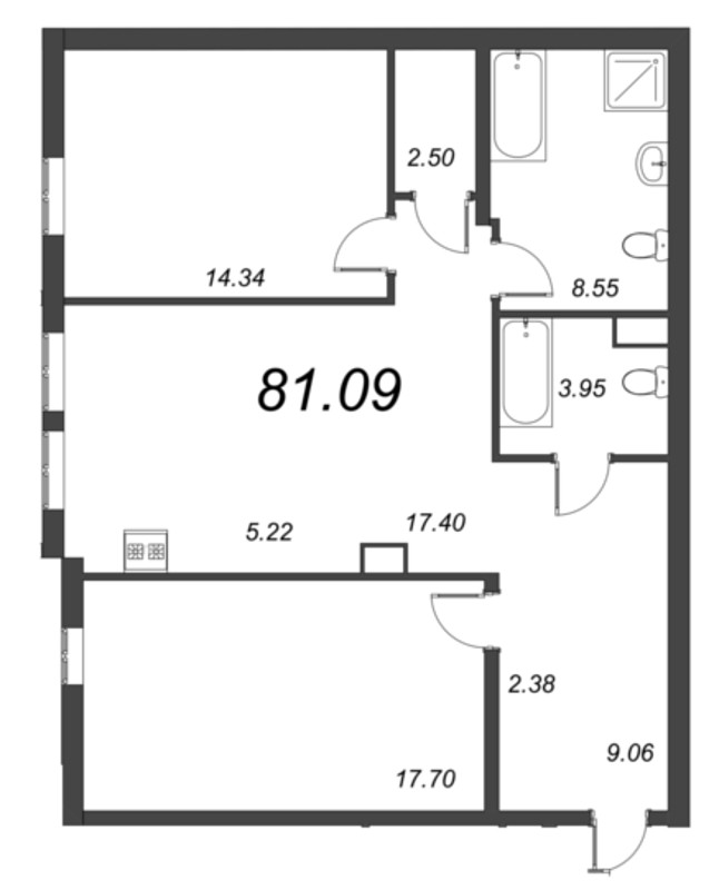 3-комнатная (Евро) квартира, 80.96 м² - планировка, фото №1