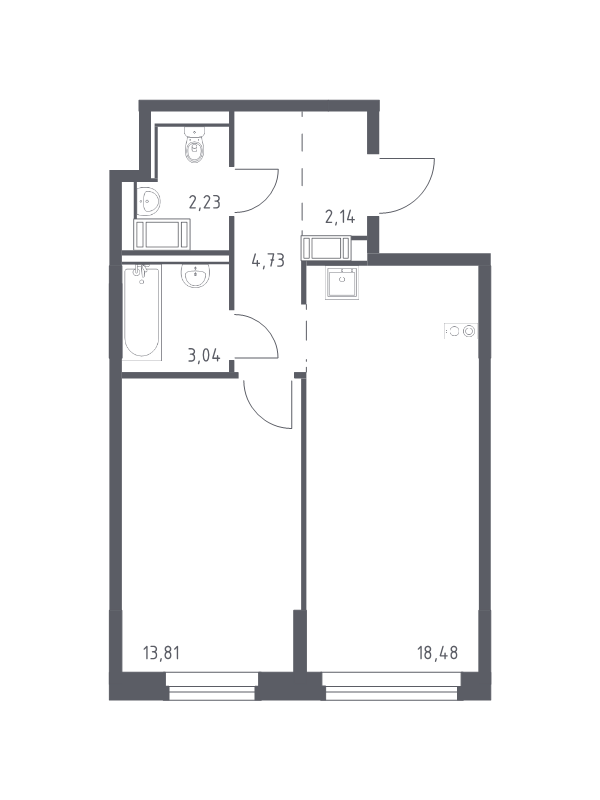 2-комнатная (Евро) квартира, 44.43 м² - планировка, фото №1