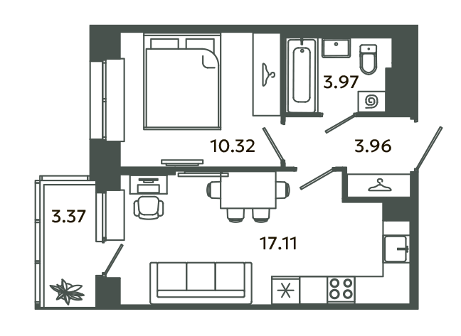 2-комнатная (Евро) квартира, 36.37 м² в ЖК "Загляденье" - планировка, фото №1