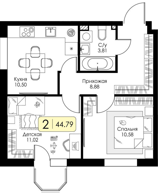 2-комнатная квартира, 44.79 м² в ЖК "Всевгород" - планировка, фото №1