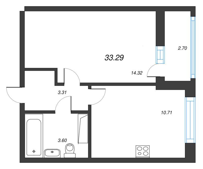 1-комнатная квартира, 33.29 м² - планировка, фото №1
