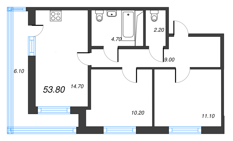 2-комнатная квартира, 53.8 м² в ЖК "Парусная 1" - планировка, фото №1
