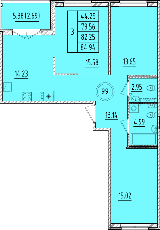 3-комнатная квартира, 79.56 м² - планировка, фото №1