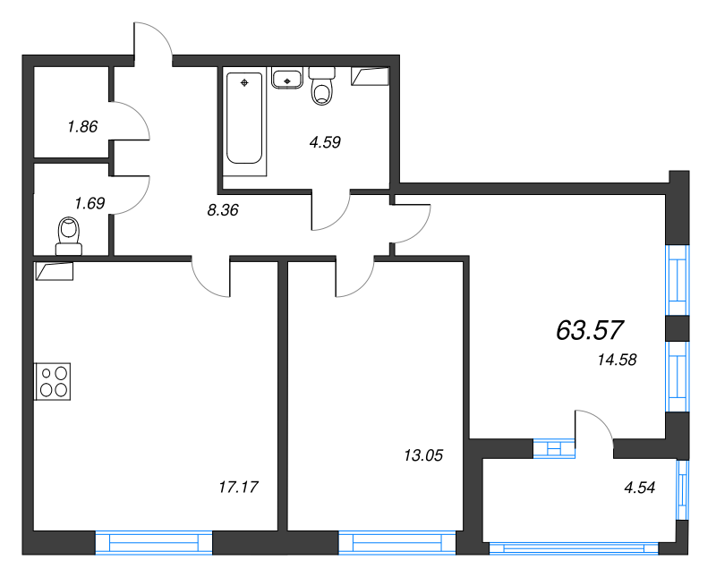 3-комнатная (Евро) квартира, 63.57 м² - планировка, фото №1