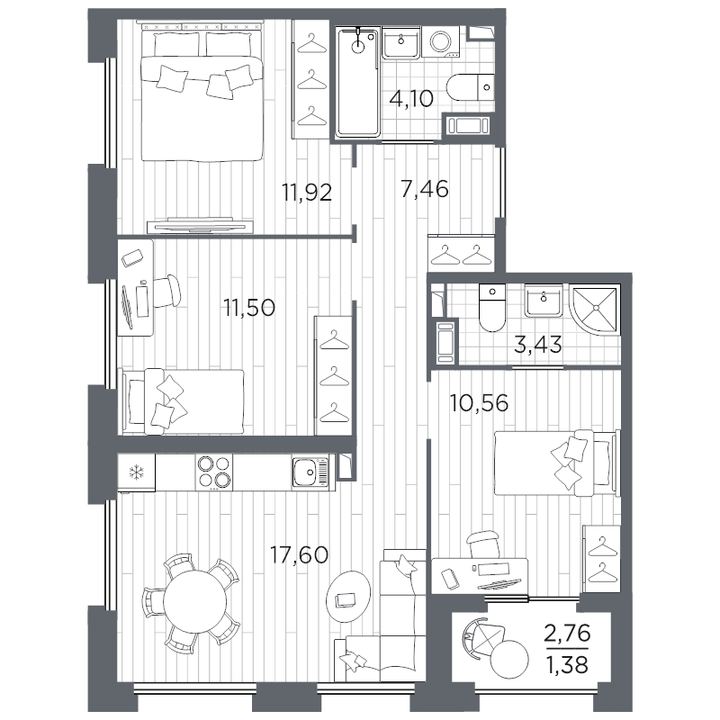 4-комнатная (Евро) квартира, 67.95 м² в ЖК "Оптимист" - планировка, фото №1