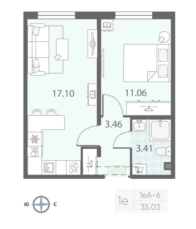 2-комнатная (Евро) квартира, 35.03 м² в ЖК "Морская миля" - планировка, фото №1