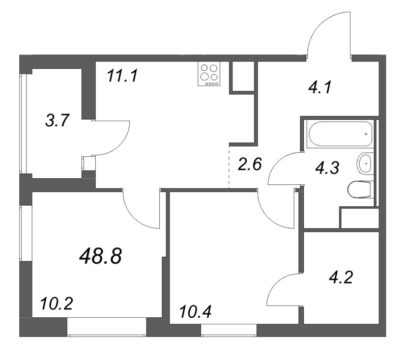 2-комнатная квартира, 48.8 м² - планировка, фото №1