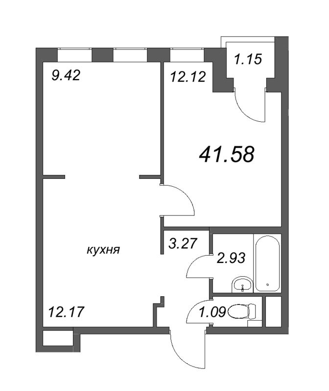 2-комнатная (Евро) квартира, 41.58 м² - планировка, фото №1
