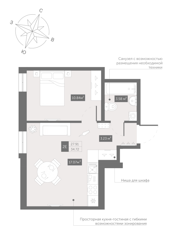 2-комнатная (Евро) квартира, 34.72 м² в ЖК "Zoom Черная речка" - планировка, фото №1
