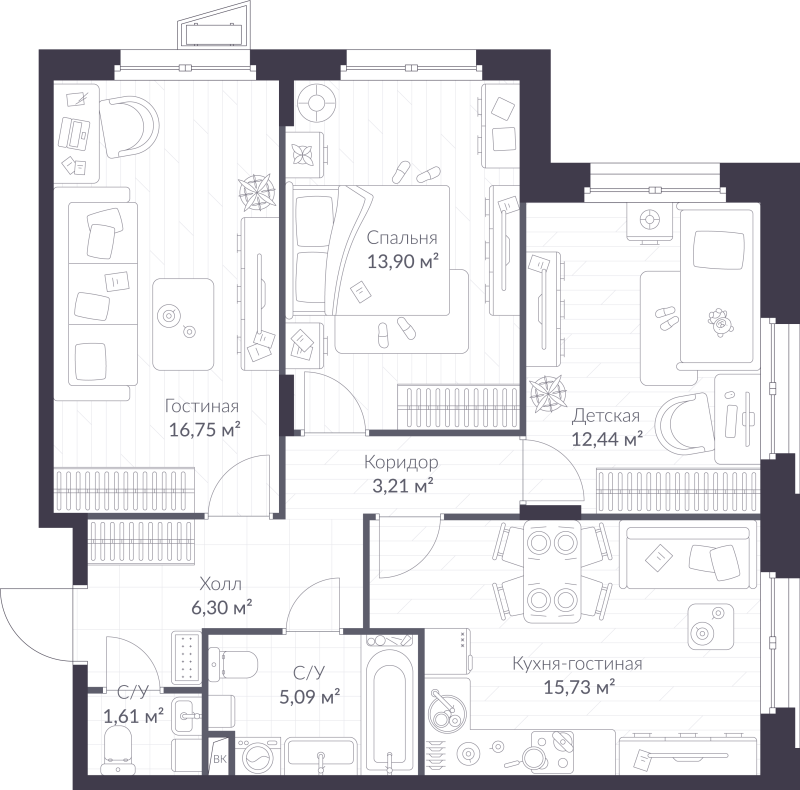 4-комнатная (Евро) квартира, 75.03 м² - планировка, фото №1