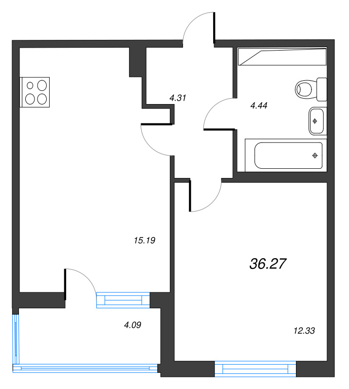 2-комнатная (Евро) квартира, 36.27 м² - планировка, фото №1