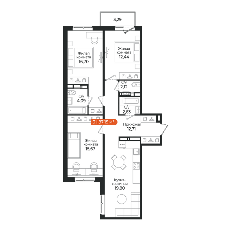 4-комнатная (Евро) квартира, 86.43 м² в ЖК "Алгоритм Квинта" - планировка, фото №1