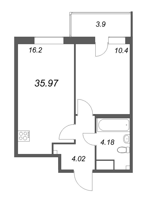 2-комнатная (Евро) квартира, 35.97 м² в ЖК "Аквилон Янино" - планировка, фото №1