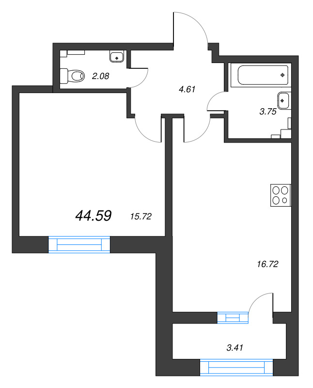 2-комнатная (Евро) квартира, 44.59 м² - планировка, фото №1