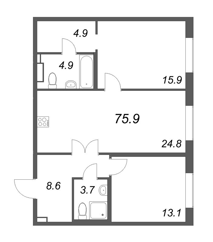 3-комнатная (Евро) квартира, 76 м² в ЖК "Визионер" - планировка, фото №1