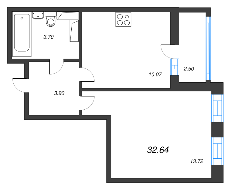 1-комнатная квартира, 32.64 м² - планировка, фото №1
