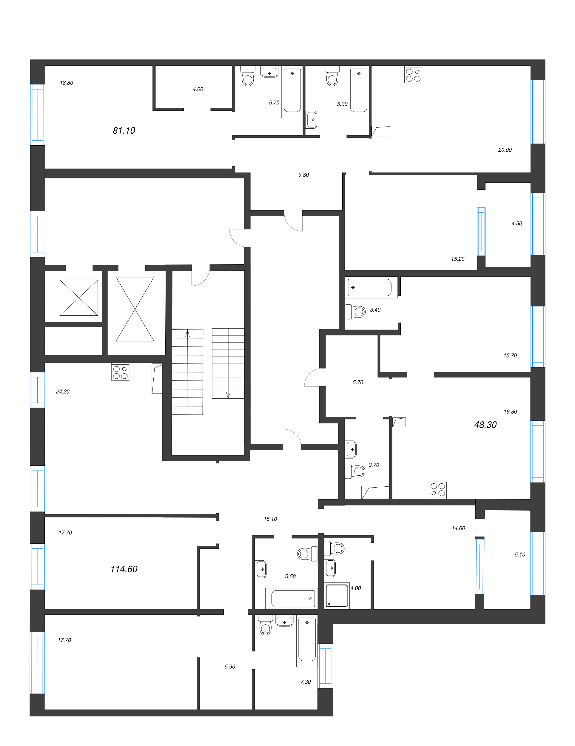 3-комнатная (Евро) квартира, 81.1 м² - планировка этажа
