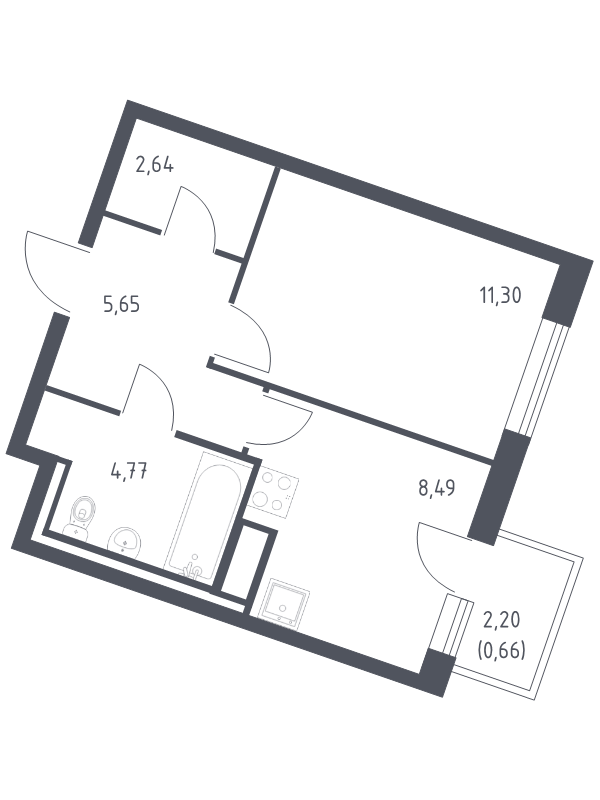 1-комнатная квартира, 33.51 м² в ЖК "Квартал Лаголово" - планировка, фото №1