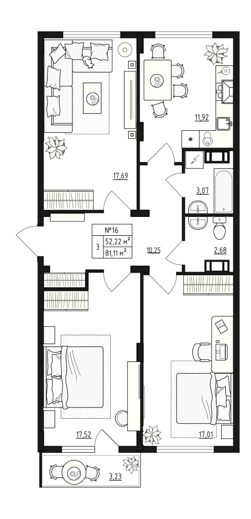 3-комнатная квартира, 81.11 м² - планировка, фото №1