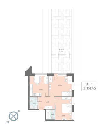 2-комнатная квартира, 105.9 м² - планировка, фото №1