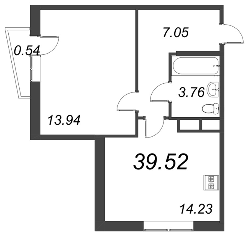 2-комнатная (Евро) квартира, 39.52 м² - планировка, фото №1