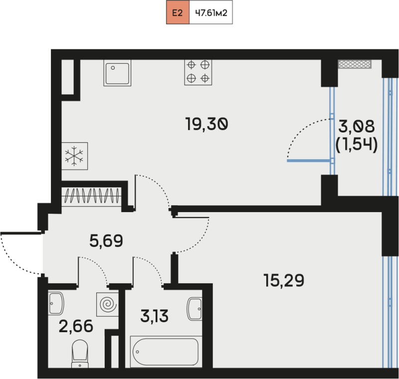 2-комнатная (Евро) квартира, 47.61 м² в ЖК "Дом Регенбоген" - планировка, фото №1