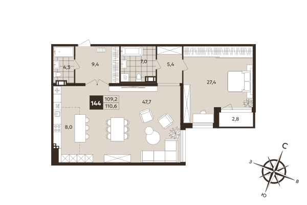 2-комнатная (Евро) квартира, 109.2 м² в ЖК "Дом на Бронницкой" - планировка, фото №1