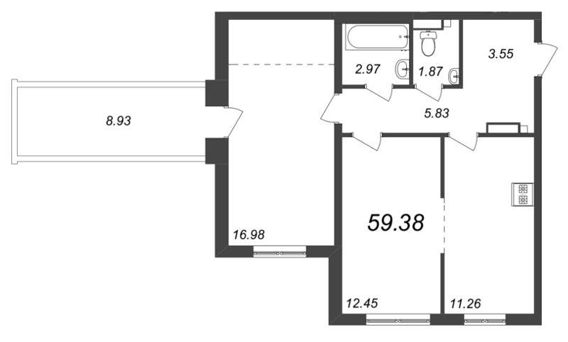 2-комнатная квартира, 63.84 м² - планировка, фото №1