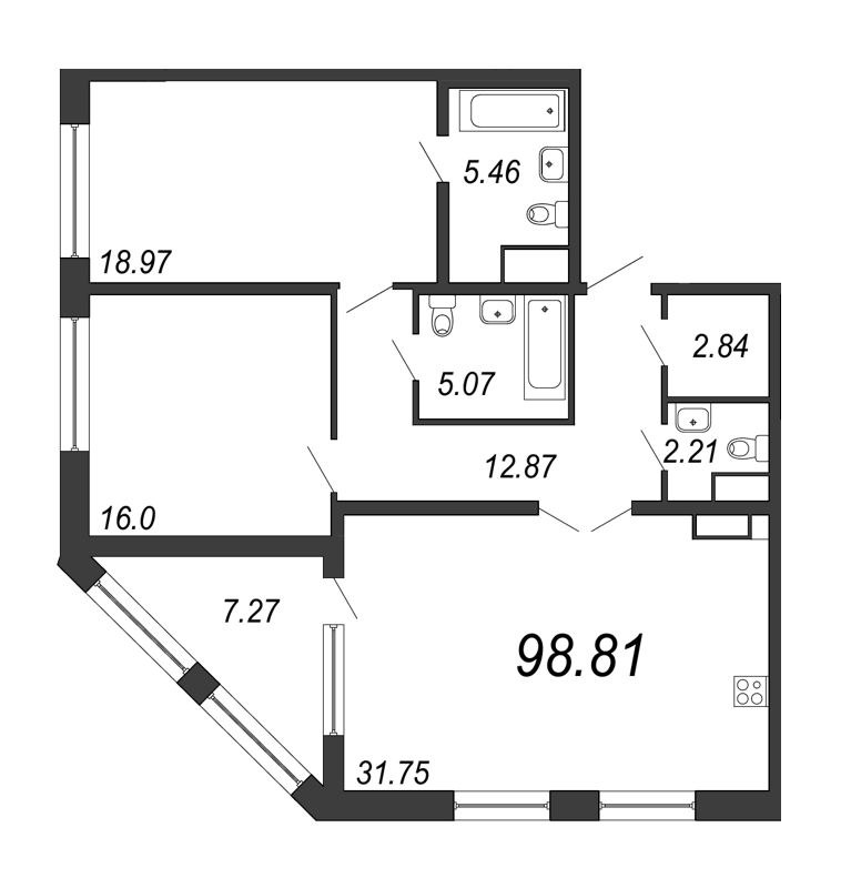 3-комнатная (Евро) квартира, 98.81 м² в ЖК "Дефанс Премиум" - планировка, фото №1