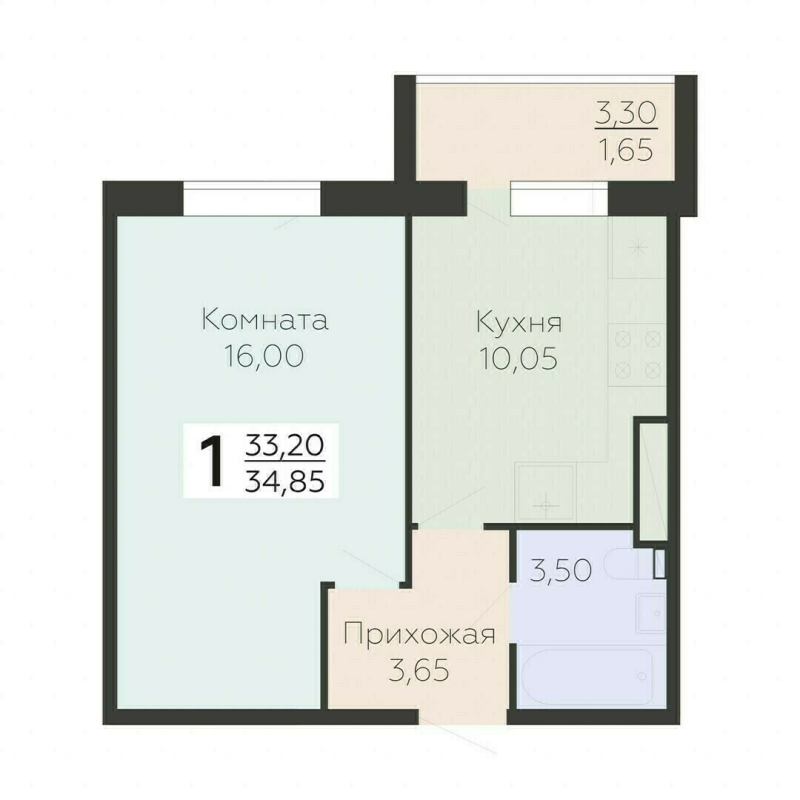 1-комнатная квартира, 34.85 м² в ЖК "Ленский" - планировка, фото №1