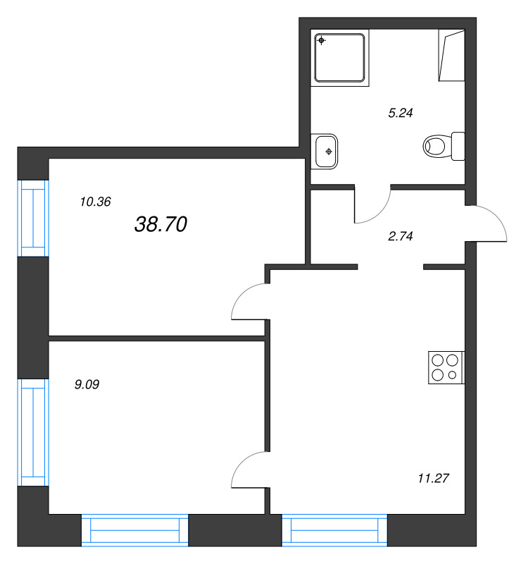 2-комнатная квартира, 38.7 м² - планировка, фото №1