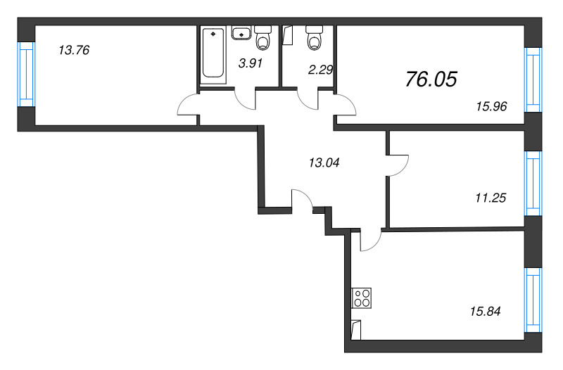 4-комнатная (Евро) квартира, 76.05 м² в ЖК "Остров Первых" - планировка, фото №1