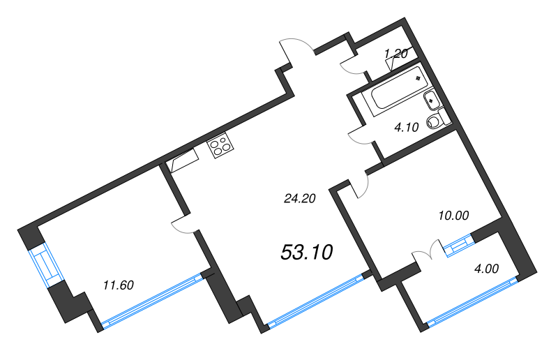 2-комнатная квартира, 53.1 м² - планировка, фото №1