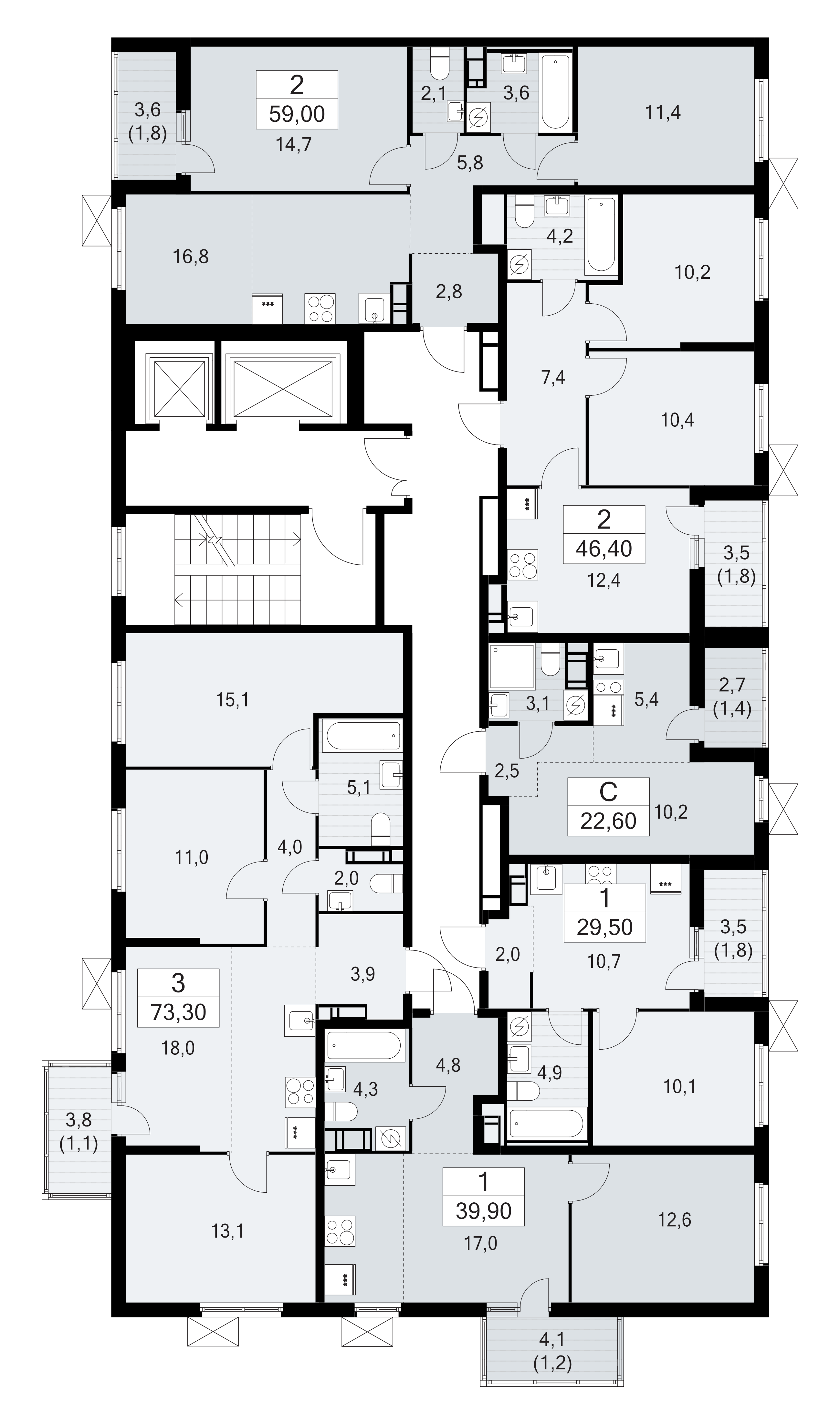 3-комнатная (Евро) квартира, 59 м² - планировка этажа